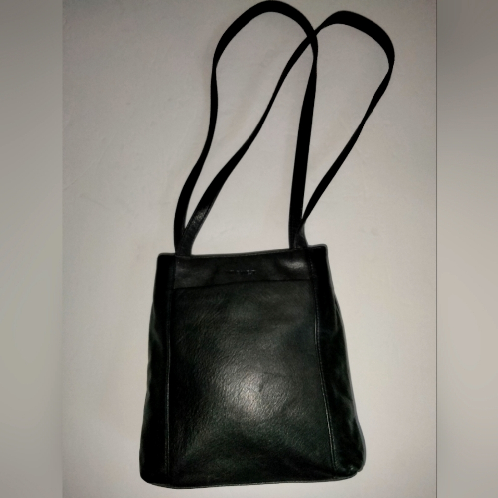 Nine West (Black) Genuine Leather Double Strap Minimalist Snap/Zip Shoulder Bag